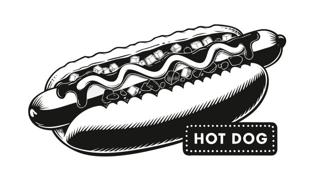 Very beautiful black and white realistic vector illustration of a classic hot dog served in a soft bun, topped with ketchup, mustard, relish, and diced onions, featuring a bold label reading "HOT DOG"