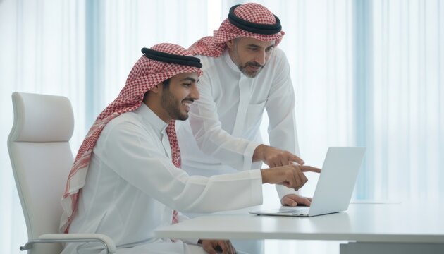 Two arab businessmen collaborating on a laptop