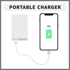 モバイルバッテリーからスマホを充電してバッテリー残量が95パーセントになったイラスト携帯型充電器とスマートフォンのベクター素材背景 © marumaru