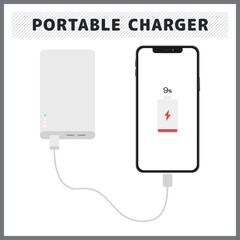 モバイルバッテリーからスマホを充電してバッテリー残量が9パーセントになったイラスト電池切れ寸前のスマートフォンのベクター素材背景 © marumaru