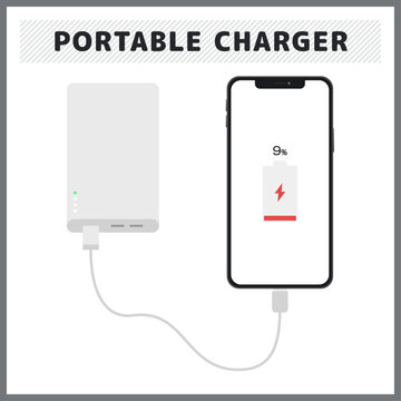 モバイルバッテリーからスマホを充電してバッテリー残量が9パーセントになったイラスト電池切れ寸前のスマートフォンのベクター素材背景