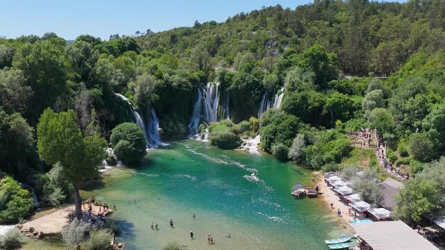 Kravica Waterfall, Bosnia and Herzegovina - June 7, 2026: Aerial view of visitors enjoying the famous Kravica Waterfall and turquoise pool during summer