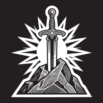 Excalibur, King Arthur&rsquo;s legendary sword embedded in a stone with a radiant sunburst behind it, epic black and white vector illustration
