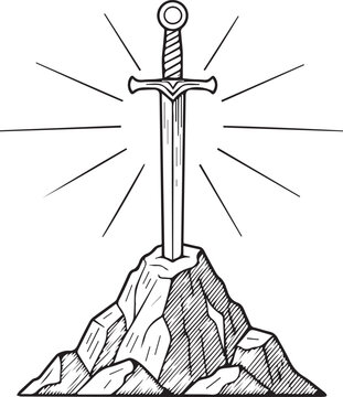 Excalibur, King Arthur&rsquo;s legendary sword embedded in a rocky peak with radiating lines behind it, clean black and white vector illustration
