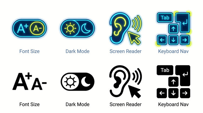 Web accessibility icon set with usability options for font scaling, dark mode toggle, screen reader support, and keyboard navigation controls