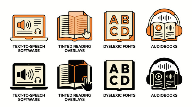 Educational Accessibility Tools and Digital Reading Assistance Icon Set for Inclusive Learning Environments