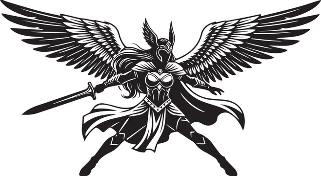 Valkyrie warrior in armor with large wings holding a sword, black and white vector illustration