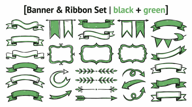 Hand-drawn banner and ribbon set in black and green, vintage sketch decorative elements, rustic flag and scroll collection for graphic design