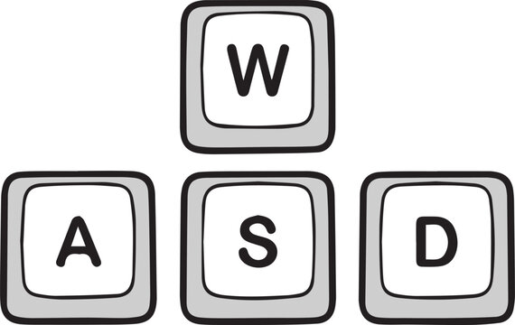 WASD keyboard keys used for gaming, simple black and white vector line illustration
