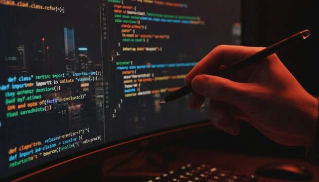Programmer reviewing software code on desktop monitor