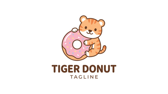Cute tiger mascot hugging pink glazed donut logo