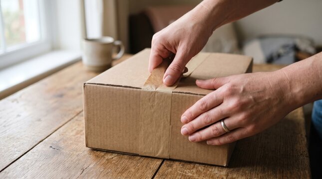 Hands sealing a cardboard box with tape on a wooden table