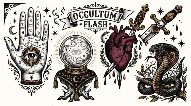 Detailed occult tattoo flash collection with crystal ball