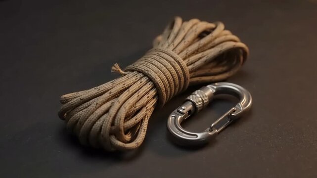 Coiled paracord with a metal carabiner clip on a dark textured surface, equipment for camping and climbing