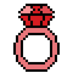 Fototapeta premium Cute pixel art ring with large red gemstone, symbol for wedding, proposal, or romance