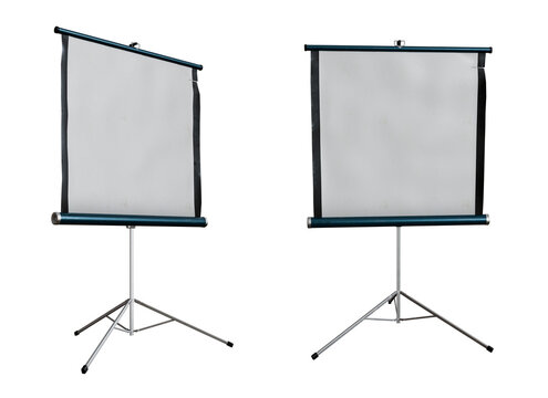 Blank projector screen on tripod stand isolated on transparent background, 3d render.