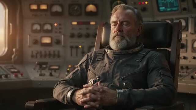 Aging astronaut with grey beard sits with eyes closed in command chair of spacecraft cockpit, deep in thought, with complex control panels and gauges around him, reflecting on mission or journey