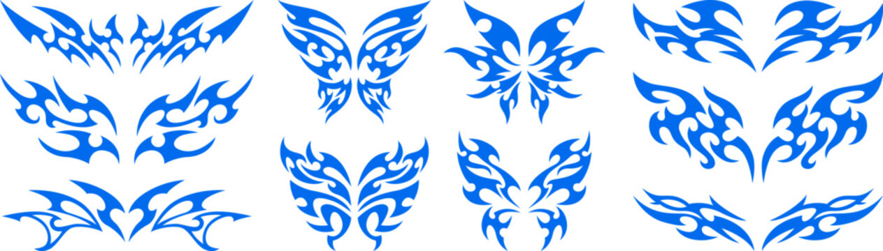 A compilation of blue Y2K cyber sigilism tattoo graphics featuring symmetrical tribal butterflies, sharp wings, and edgy abstract design elements.