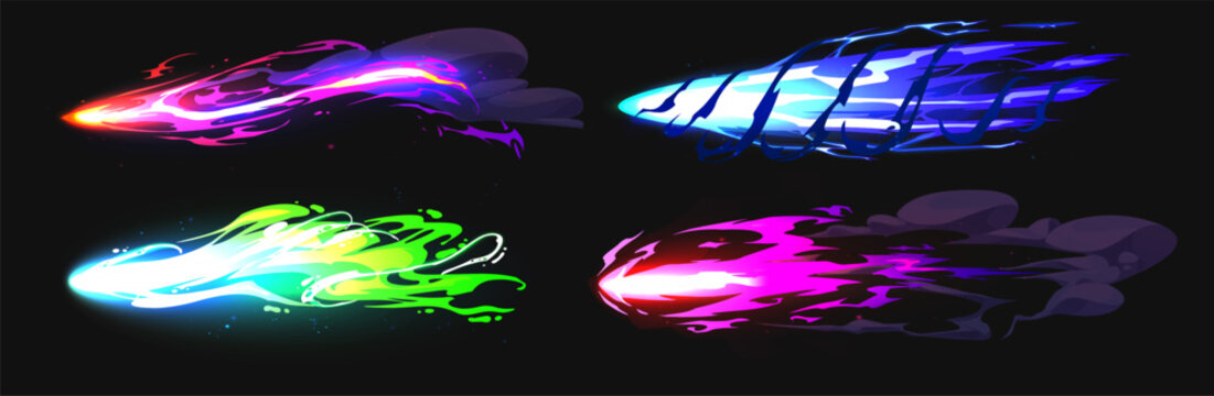 Vector special effects collection featuring  colorful energy blasts, magic missile arrows, and fast motion fire trails on black.