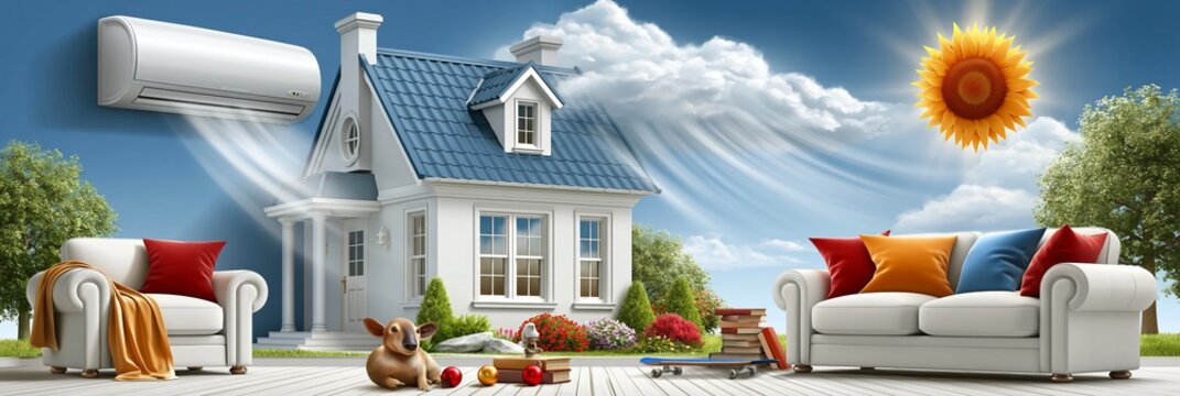 Air conditioner cooling snowy home in hot market concept. Air conditioner unit keeping a house cool while thermometer shows high temperature in a winter landscape