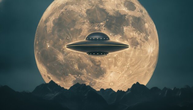 Ufo flying saucer hovering in front of a large full moon over mountains