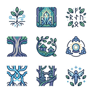 Nature magic icons featuring crystals runes and trees.