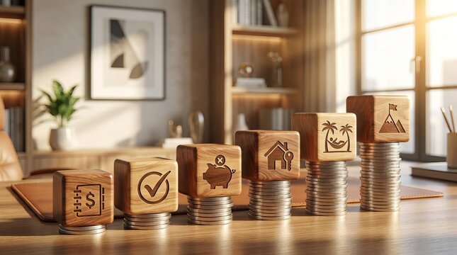 Personal Finance Journey Concept with Wooden Representing Budgeting, Debt Reduction, Emergency Savings, Homeownership, Retirement Planning, Wealth Building, and Financial Freedom