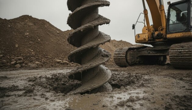 Heavy industrial auger drilling in muddy terrain
