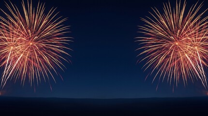 Fototapeta premium Two vibrant fireworks explosions illuminating the dark night sky, creating a festive and celebratory atmosphere.