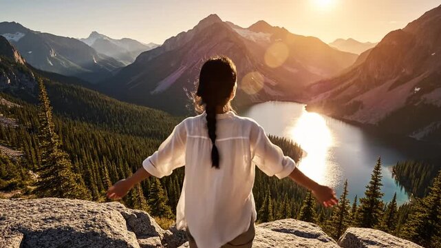 Woman with outstretched arms overlooking mountain lake at sunset