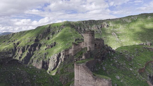 Cinematic Drone Footage of Seytan Castle Ruins on Cliff in Cildir Ardahan Province Turkey Eastern Anatolia Dramatic Landscape