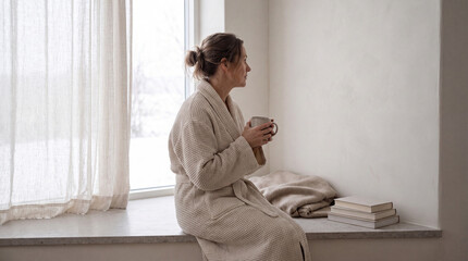 Fototapeta premium Quiet Reflection With Warm Mug In Minimal Retreat Suite Window Light
