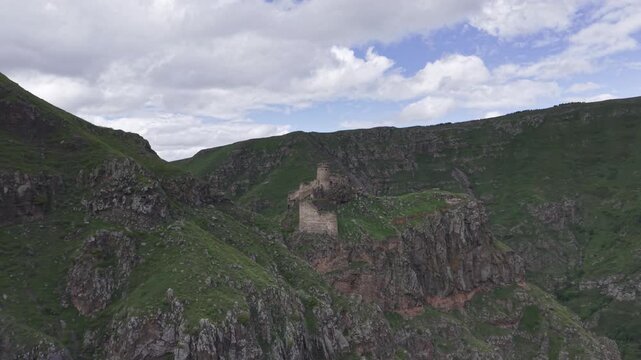 Cinematic Drone Footage of Seytan Castle Ruins on Cliff in Cildir Ardahan Province Turkey Eastern Anatolia Dramatic Landscape