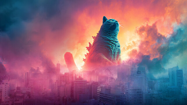 Cinematic illustration of giant cat kaiju looming over city skyline under dramatic fiery sunset with neon mist.