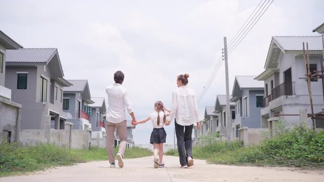 Family visiting new house under construction site in residential village development. Parents and child walking through unfinished housing estate for real estate home buying inspection.