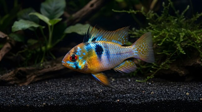 Close-up of a vibrant German Blue Ram cichlid fish in a freshwater aquarium