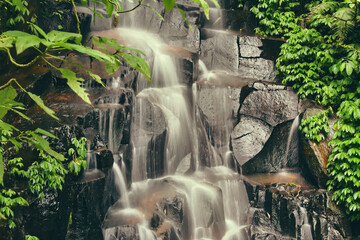 Silk effect waterfall cascading down dark textured volcanic rock layers surrounded by lush green tropical foliage in a rainforest. © EkoPriyatno