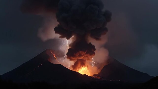 Dramatic volcano eruption with a dark, cloudy sky, lightning, and flowing lava