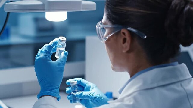 Laboratory Analyst Conducting Quality Control Inspection Of Two Sealed Generic Vials Under Bright Lighting In A Modern Research Environment