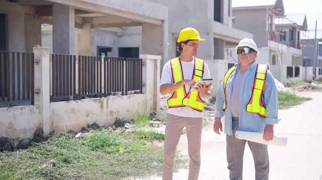 Construction site foreman worker and supervisor engineer inspecting exterior building structure for residential housing project construction management site supervision and real estate development