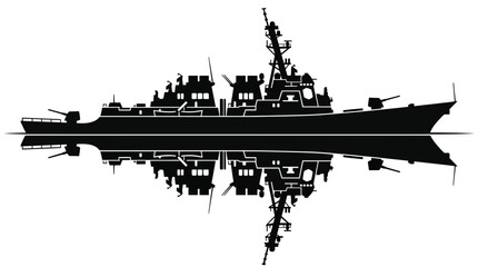 Silhouette of a modern warship and its reflection on water, isolated on white. © ahmad