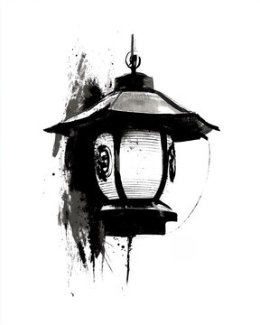 盆提灯の灯り 墨絵イラスト