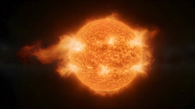 Vibrant burning sun glowing in dark deep space with massive solar flares erupting from the surface demonstrating intense heat and powerful magnetic energy across the galactic void