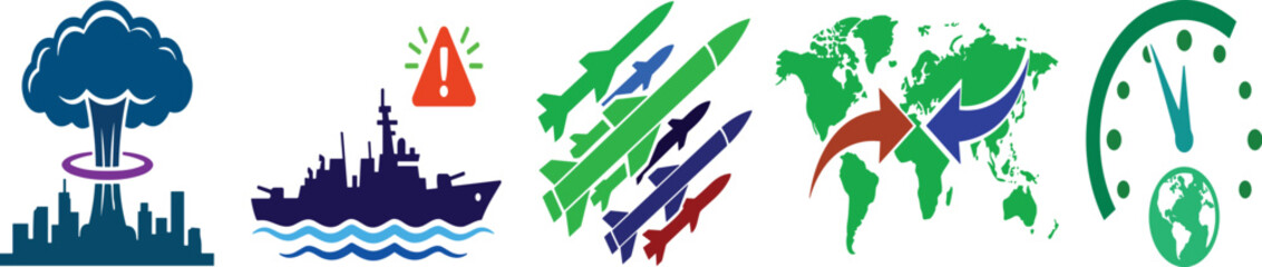 Global Nuclear Warfare Threat Icons, Military Missile Defense, World Security Vector Illustration © B76H Edits