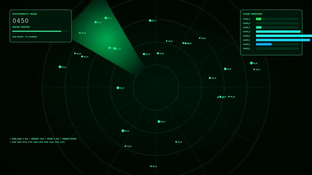 Bioinformatics interfaces displayed on three digital radar screens showing rotating scanning beams with blinking point nodes and glowing bar charts within a dark virtual environment