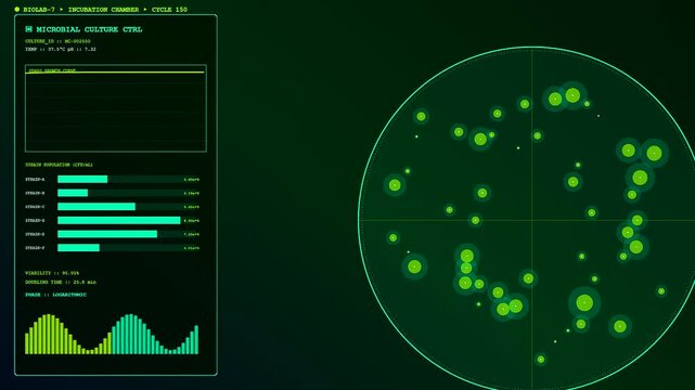Digital bioinformatics interfaces display cellular growth monitoring cycles with glowing circular petri dish visuals and green analytical data metrics presented in a dark laboratory software interface