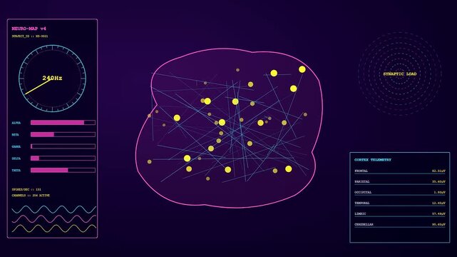 Digital bioinformatics interfaces display dynamic neural data points with fluctuating frequency gauges and circular nodes glowing in vibrant neon colors on a dark virtual monitor screen