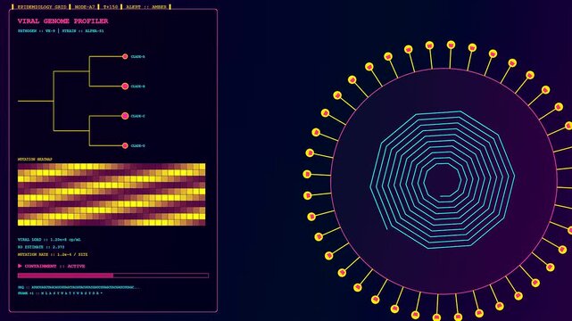 Complex bioinformatics interfaces appear on a dark screen showing digital viral genome tracking data with glowing circular patterns and rotating geometric shapes for medical research analysis