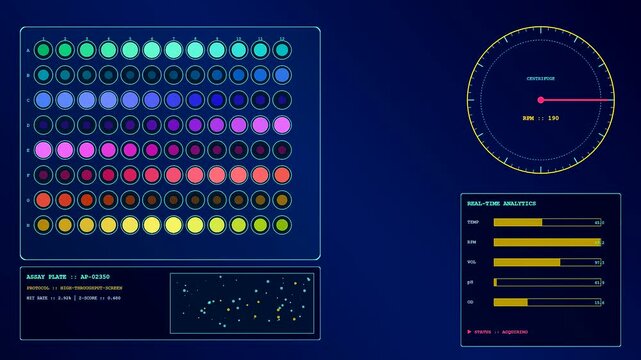 Three moving bioinformatics interfaces display automated laboratory plate screening cycles with glowing circular indicators and bar graphs that pulse on a deep navy blue digital background