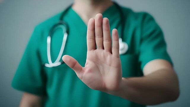 Medical professional wearing green scrubs holds up an open palm to signal a clear stop gesture while positioned against a plain studio background during a routine examination